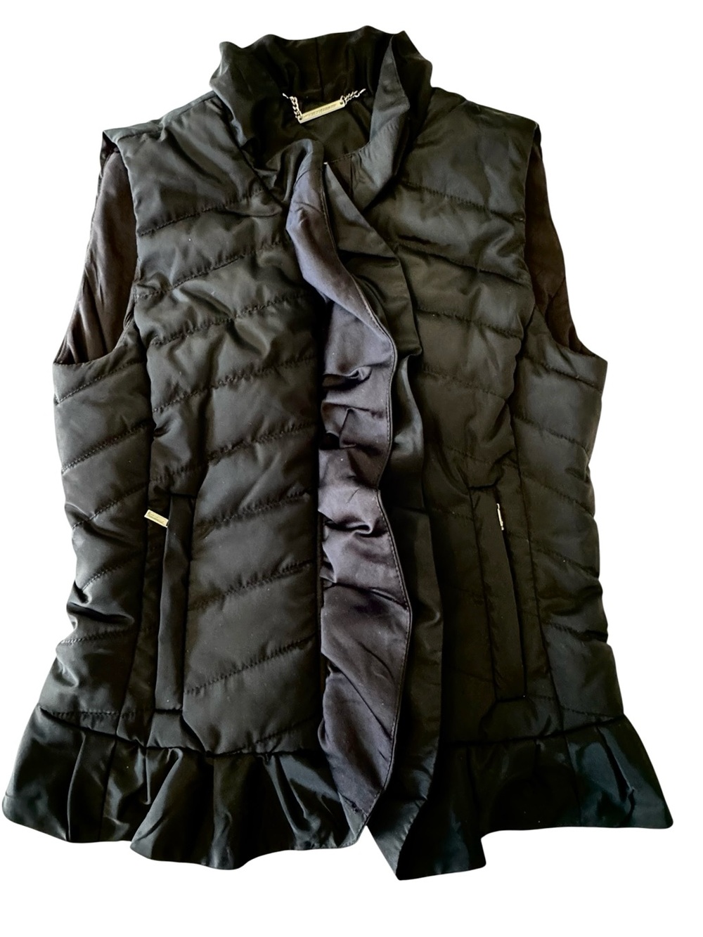 White House Black Market Black Women’s XS Quilted Ruffle-Trim Puffer Vest MINTY